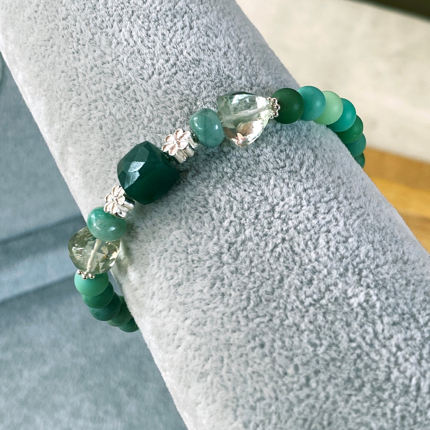 Emerald, Green Opal, Green Amethyst gemstone silver clasp bracelet