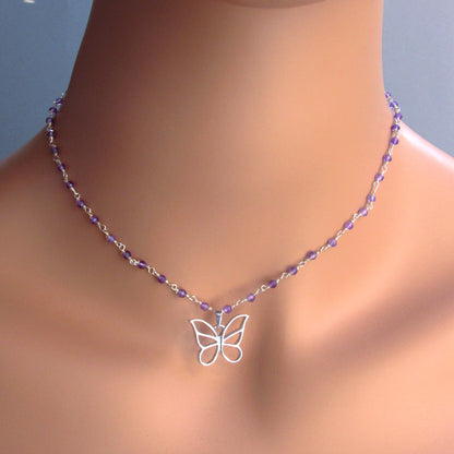 Sterling Silver Wrapped Amethyst gemstone Beads with Sterling Silver Butterfly Pendant