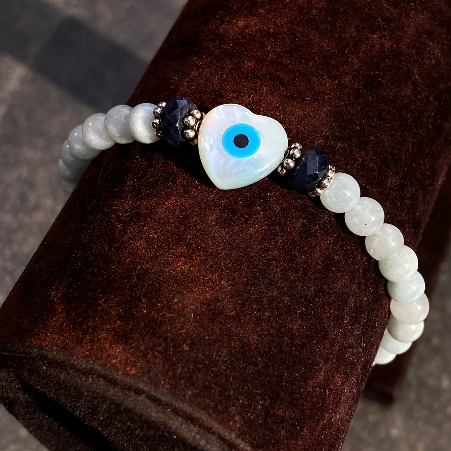 Mother of Pearl, Aquamarine gemstones, and Blue Sapphires with Sterling Silver bracelet