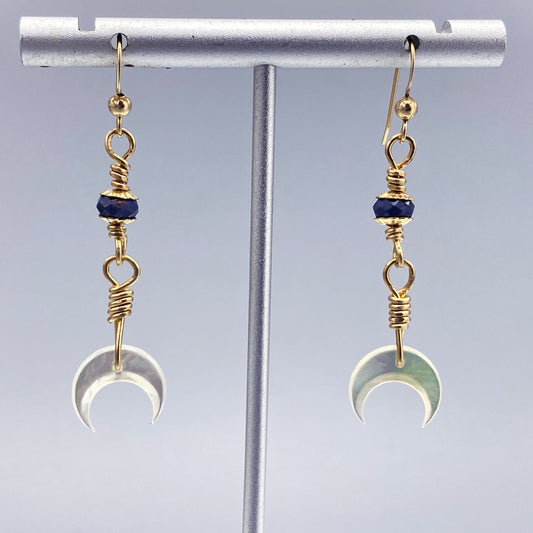 Blue Sapphire gemstone Moon Dangle Earrings