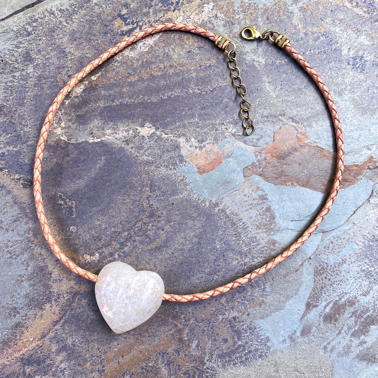 Quartz gemstone Heart on Braided Leather with Brass Clasp and Chain