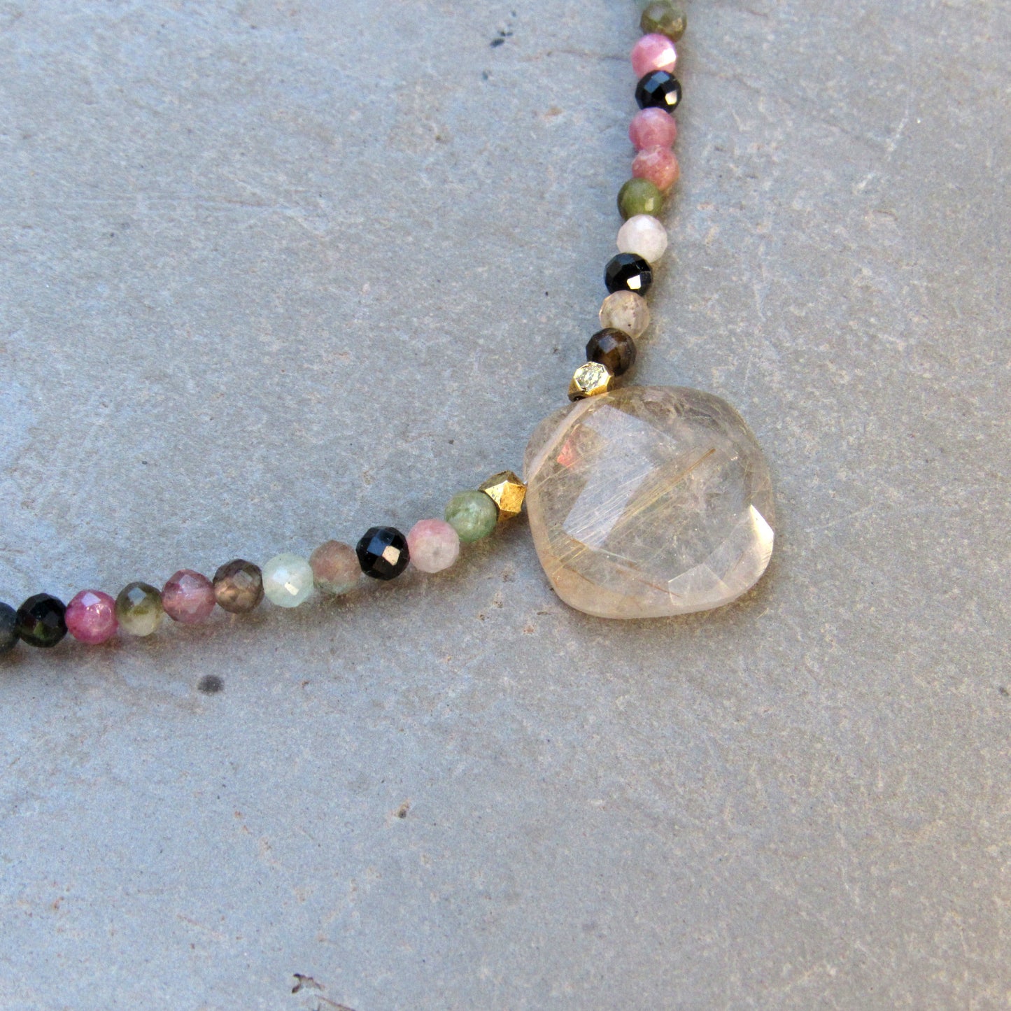 Rutilated Gold Gemstone Pendant with Mixed Tourmaline and14 kt gf Necklace