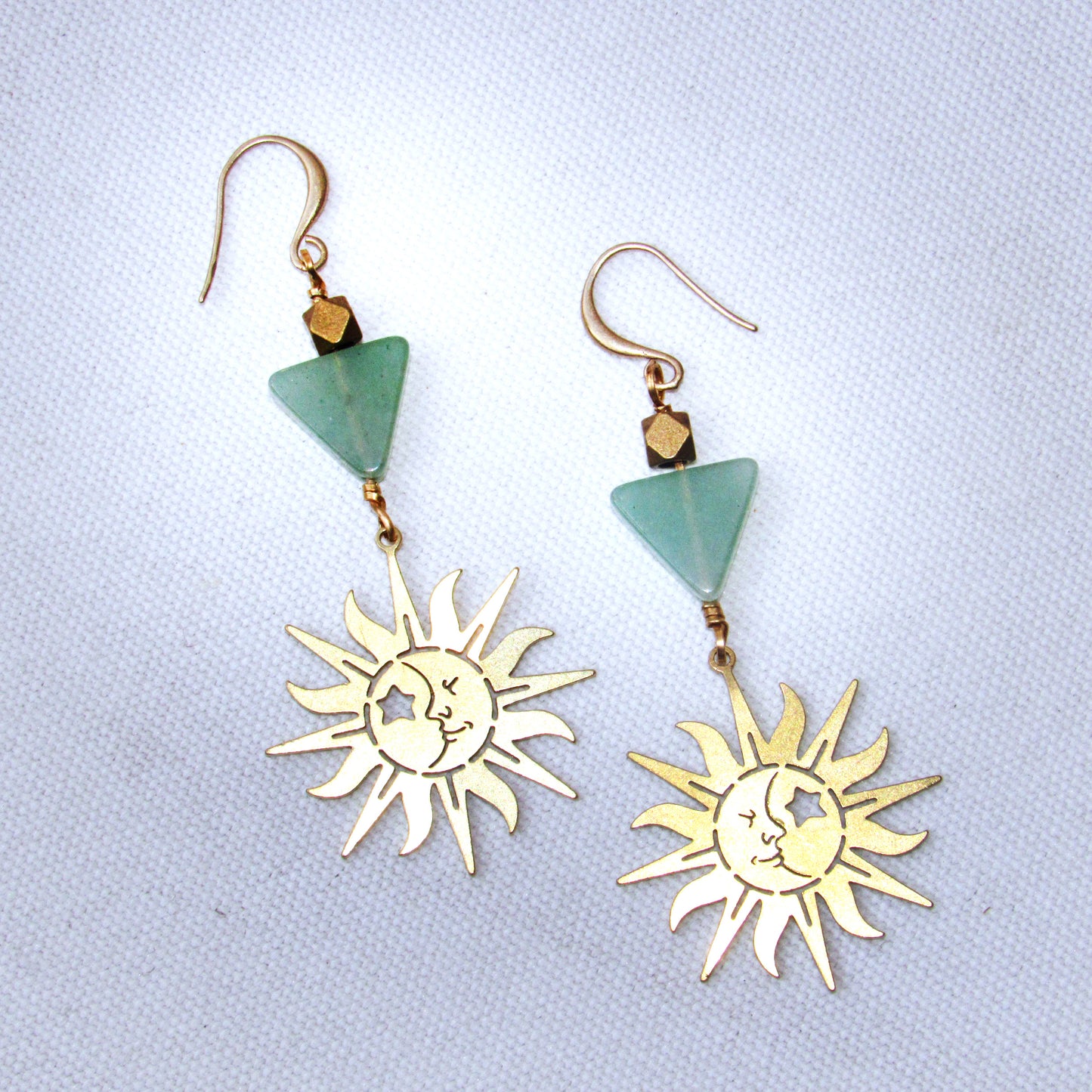 Brass Sun and Green Aventurine gemstone Drop Earrings