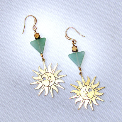 Brass Sun and Green Aventurine gemstone Drop Earrings