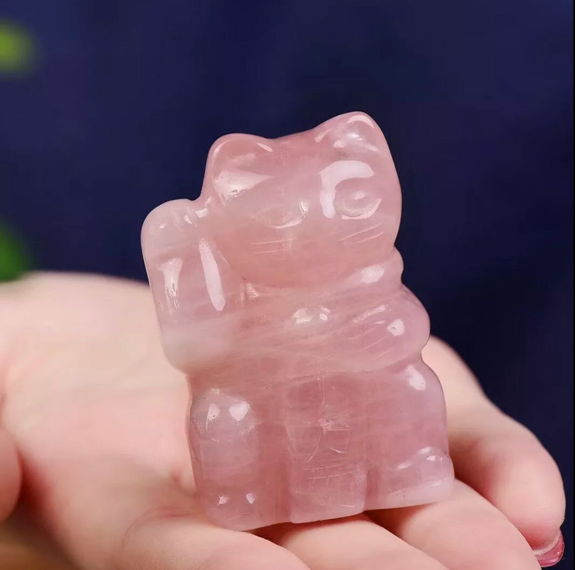 Rose Quartz gemstone carved Lucky Cat