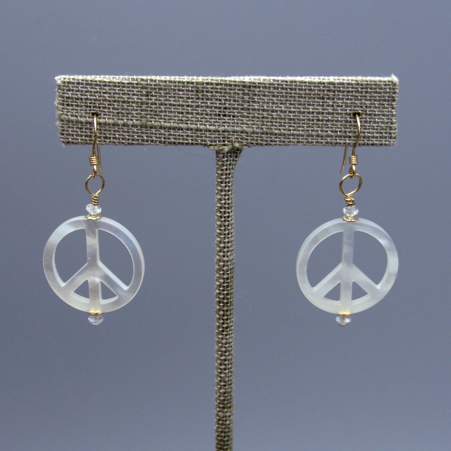 Mother of Pearl Peace Sign w/ White Topaz gemstone Drop Earrings