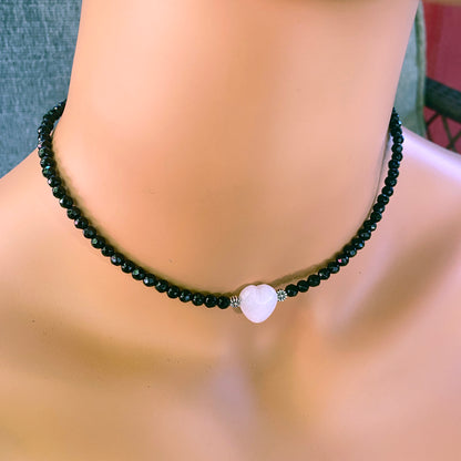 White Jade Heart, Faceted Onyx, and Sterling Silver Choker