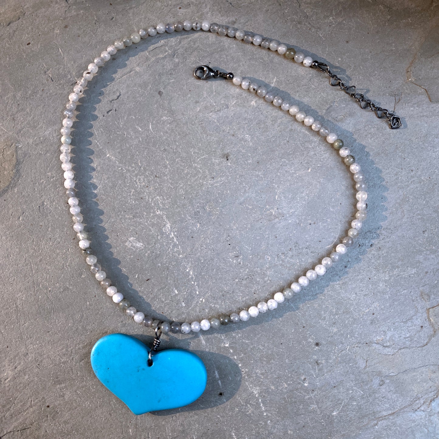 Howlite Heart and White Labradorite Gemstone Necklace