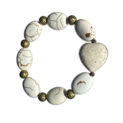 White turquoise gemstone heart Bracelet with brass accents