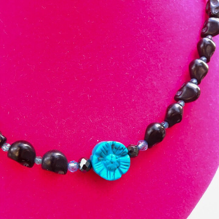 Women's genuine Black Diamond, Howlite, apatite and Howlite Skull necklace