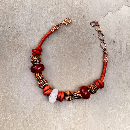 Moonstone gemstone with Red Agate and Copper on Red Leather clasp Bracelet