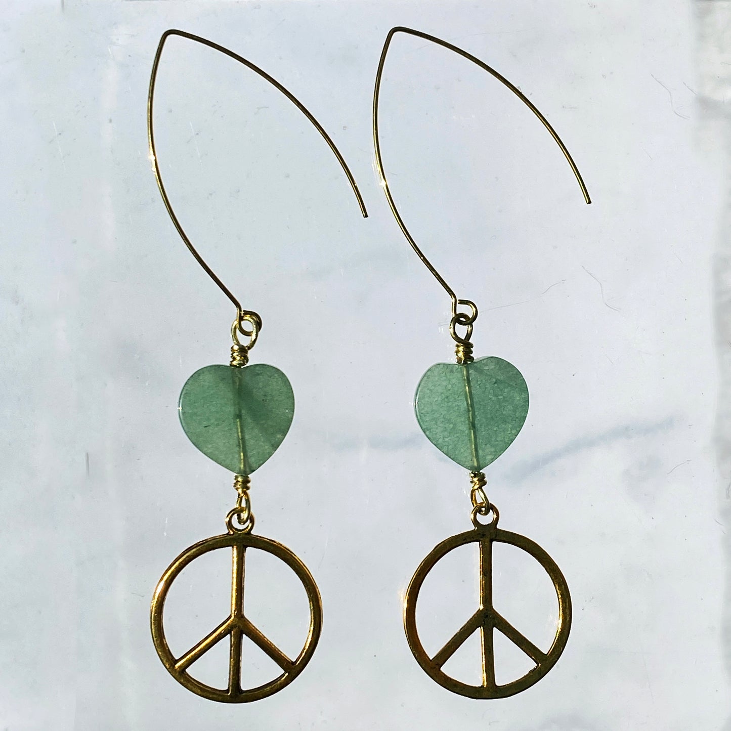 Brass Peace Sign and Green Aventurine gemstone heart earrings