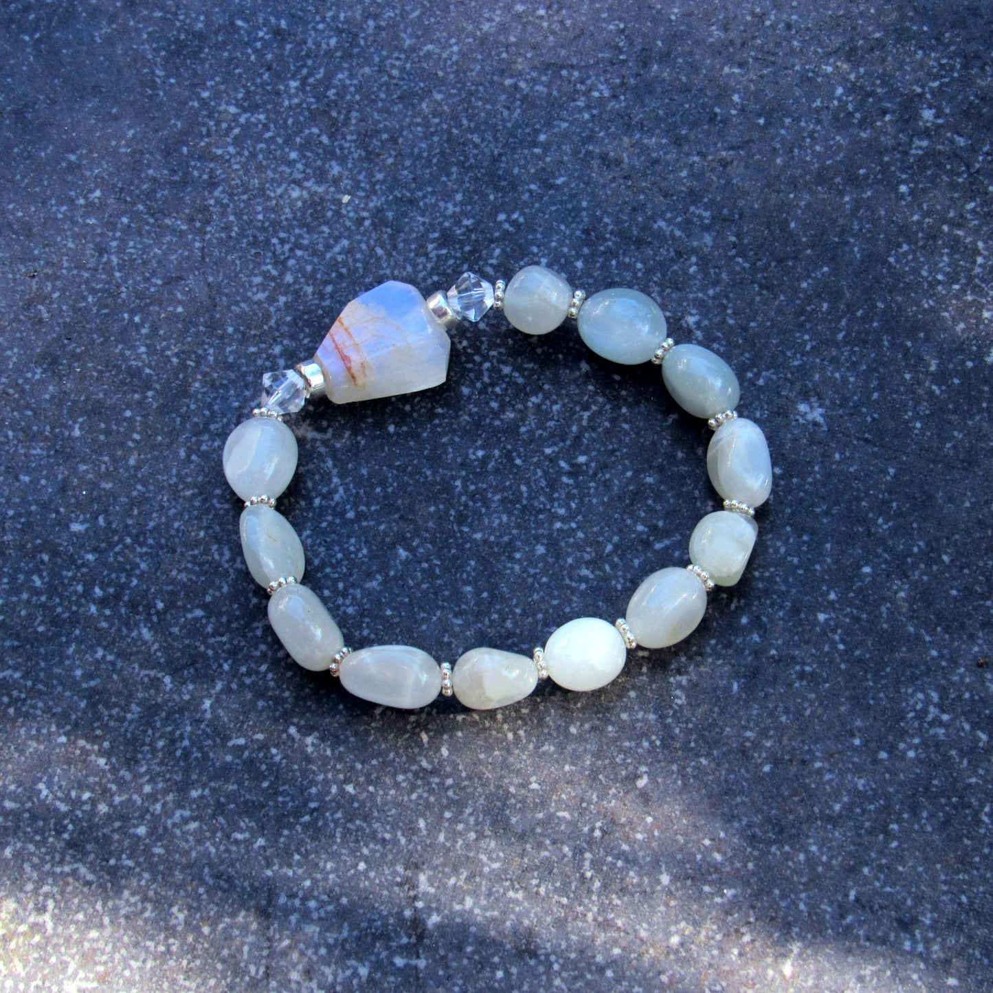 Moonstones, Clear Quartz and Sterling Silver Stretch Bracelet