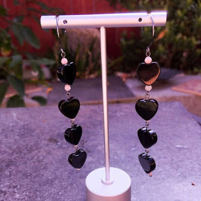 Onyx Hearts & Pink Opal long drop oxidized sterling silver earrings