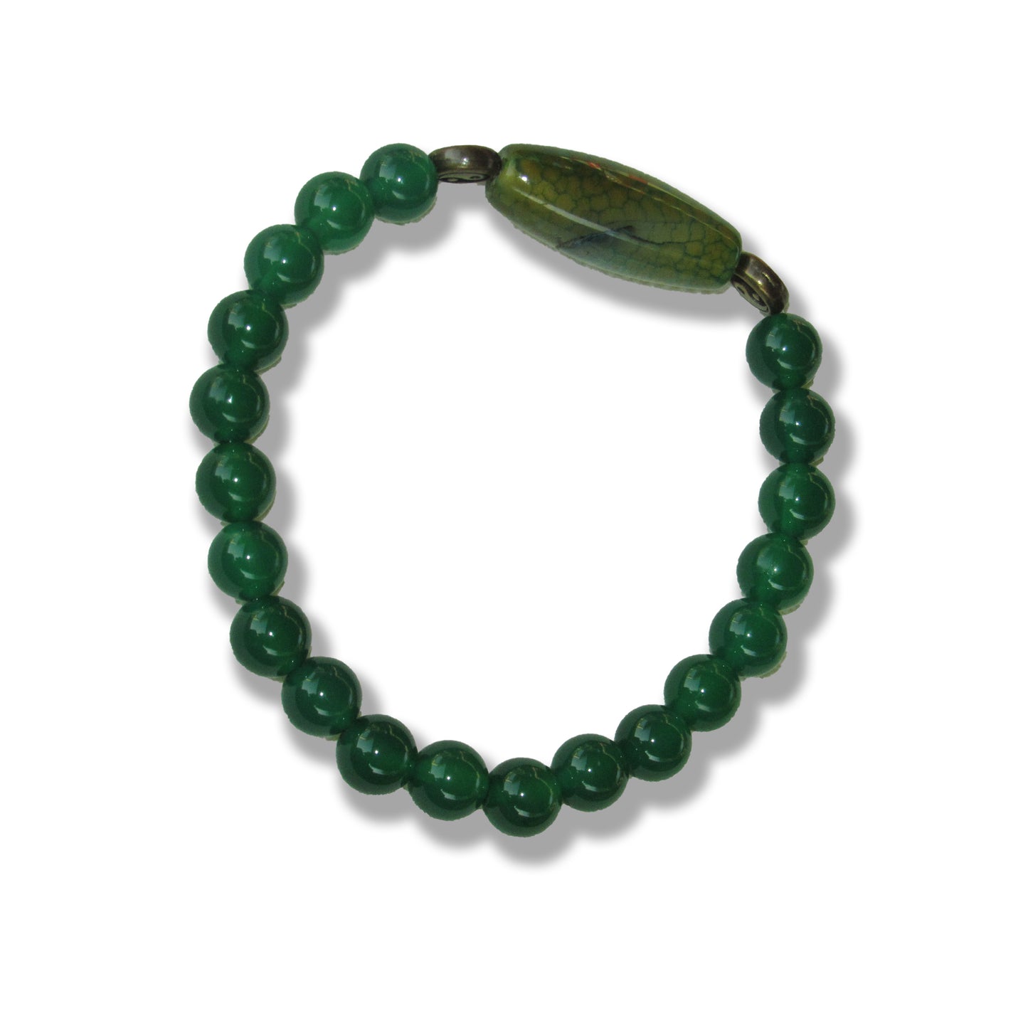 Green onyx gemstone, brass Yin Yang, and Dragon Vein Agate stretch bracelet