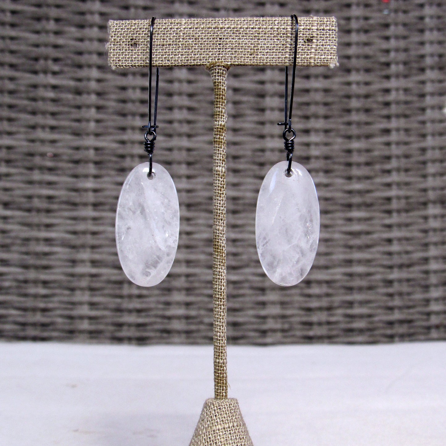 Light Rose Quartz and Hand Wrapped Oxidized Sterling Silver Drop Earrings