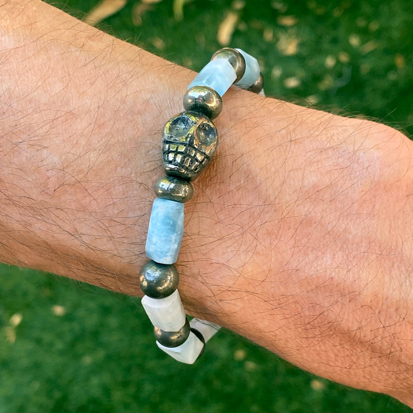 Aquamarine and Pyrite gemstone Skull Beaded Stretch Bracelet