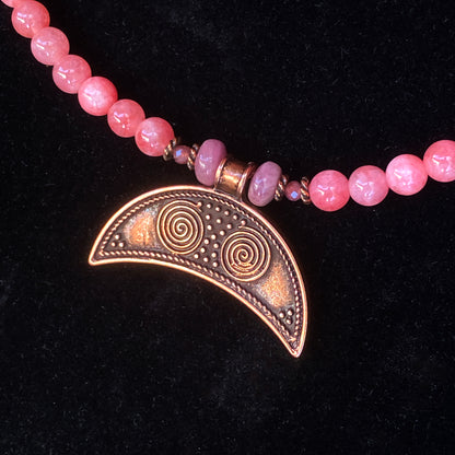 Pink Angelite and Pink Tourmaline gemstone and copper Moon pendant necklace