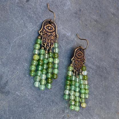 Green Agates gemstones on a Brass Hamsa Earrings