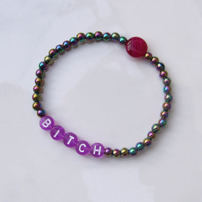 Rainbow Hematite and Pink Agate “Bitch Please” stretch Bracelet