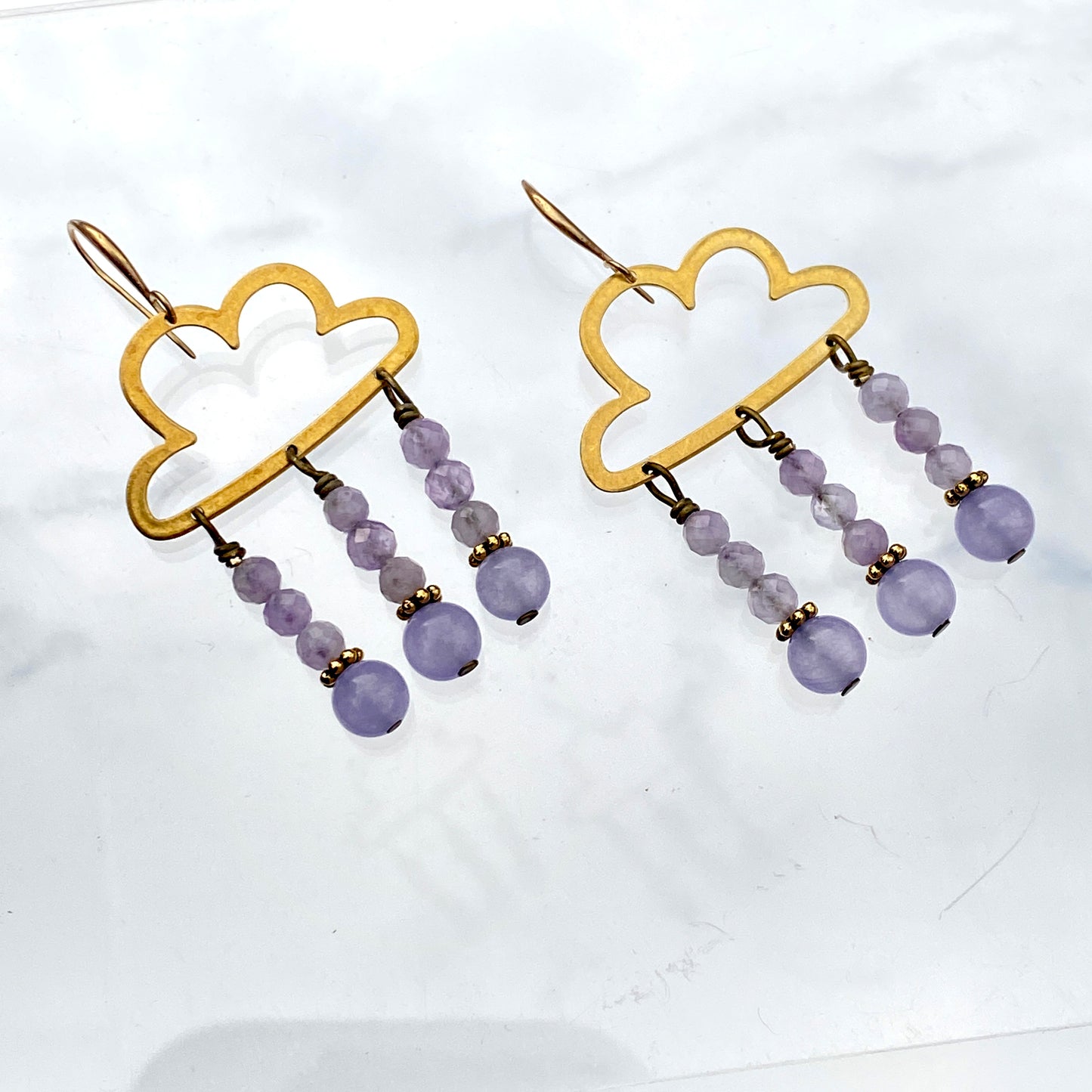 Raw Brass Cloud and Amethyst gemstone Rain Drop Earrings