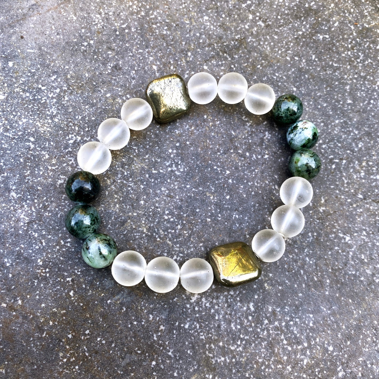 Matte Quartz, Pyrite, and Moss Agate Gemstone stretch bracelet