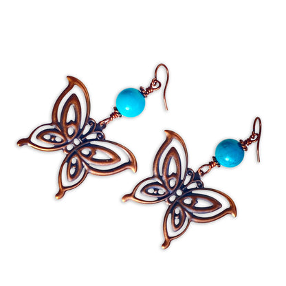 Natural Turquoise gemstone with Copper Butterfly Dangle Earrings