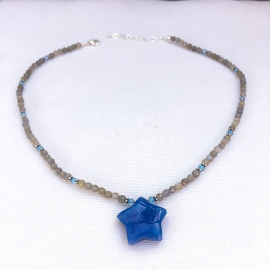 Women’s Blue jade Star, labradorite, blue topaz  & sterling silver Gemstone Pendant Necklace