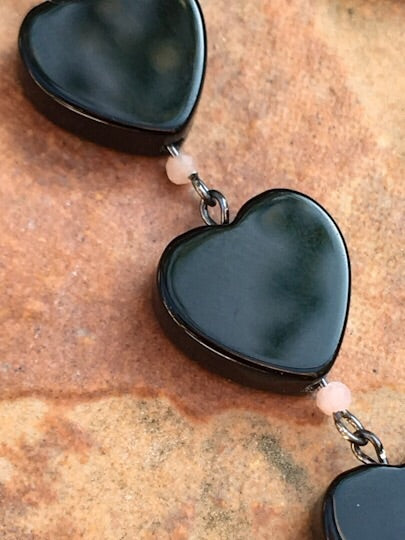 Onyx Hearts & Pink Opal long drop oxidized sterling silver earrings