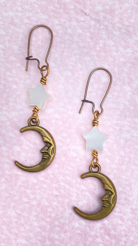 Mother of Pearl Stars with brass crescent Moon face Earrings