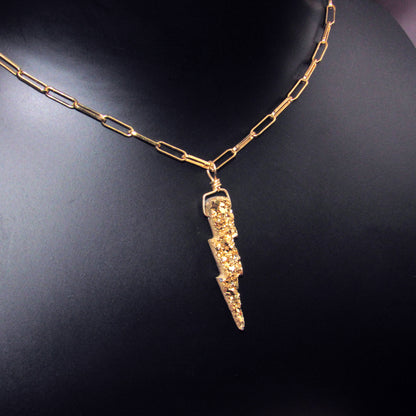 Gold Druzy Lightning Bolt on 14 Kt GF Chain