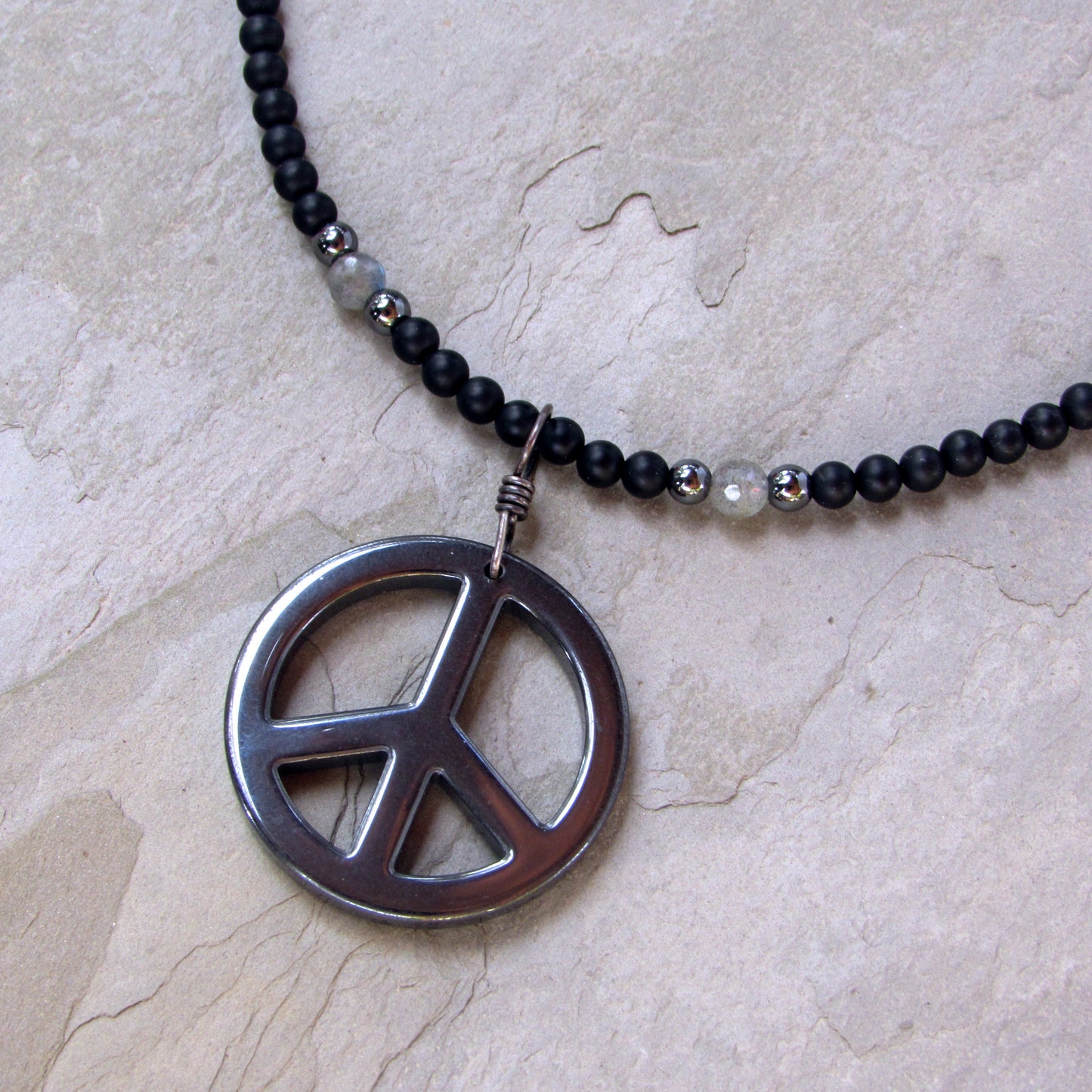 Hematite Peace Pendant, Hand Wrapped w/ Oxidized Sterling Silver, Matte Black Onyx, and Labradorite Men’s Necklace