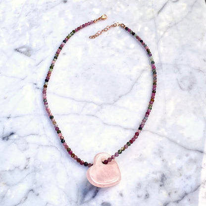 Rose Quartz on mixed tourmaline with 14 kt rose gold filed