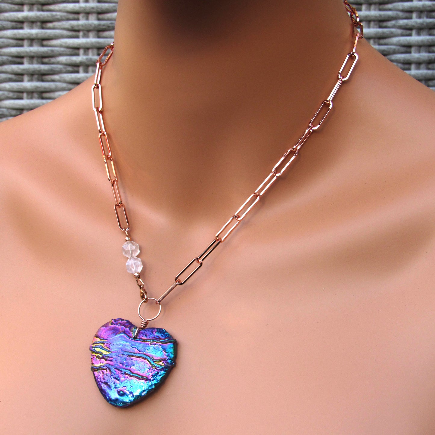 Crystal Heart coated Titanium, Pink Topaz gemstone, and 14Kt Rose Gold Fill