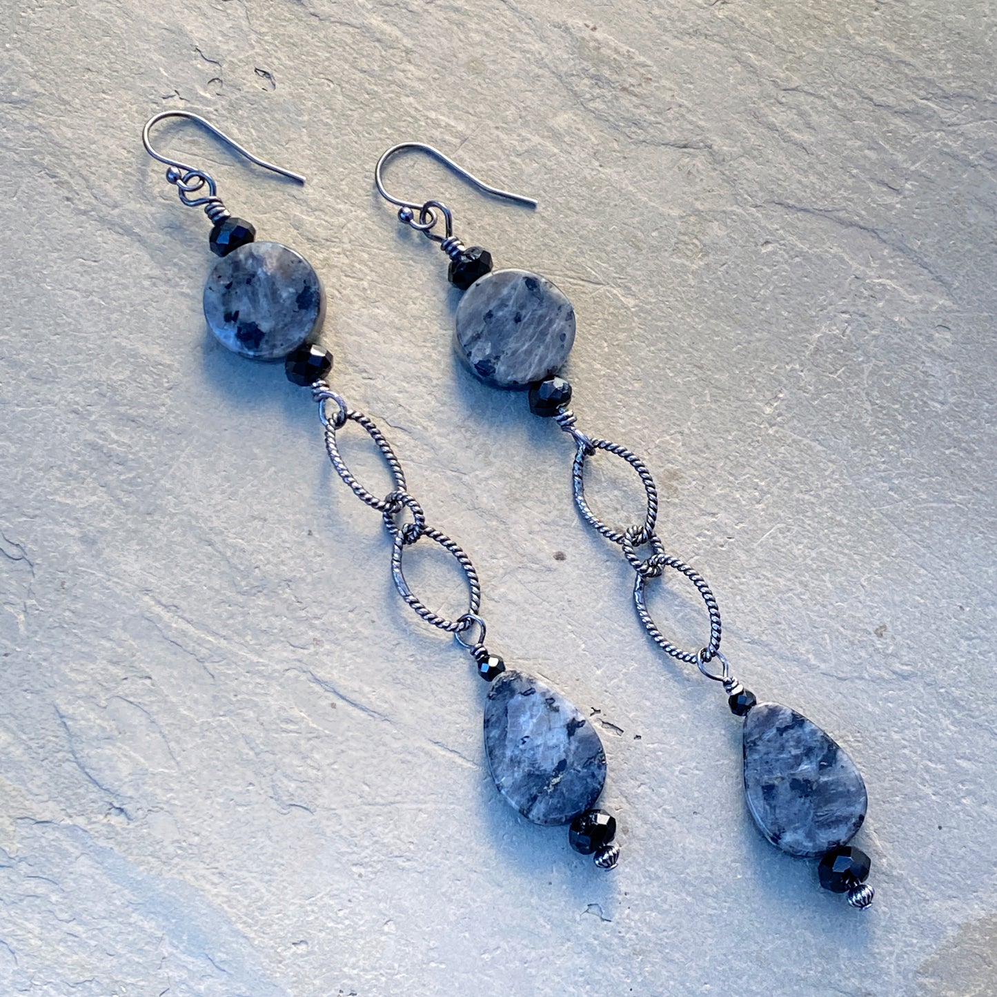 Larvikite, Black Spinel, Oxidized Sterling Silver Long Drop Earrings