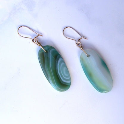 Green Banded Agate gemstone hand wrapped with 14 kt Gold filled Drop Earrings