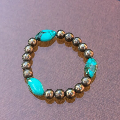 Genuine Turquoise and Pyrite Gemstone stretch bracelet