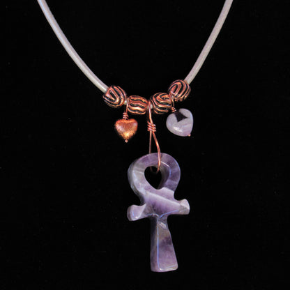 Amethyst gemstone carved Ankh pendant with copper on leather necklace