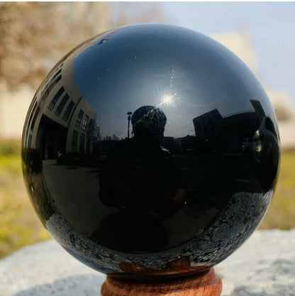 Natural Black Obsidian Sphere Healing Stone + Free Stand