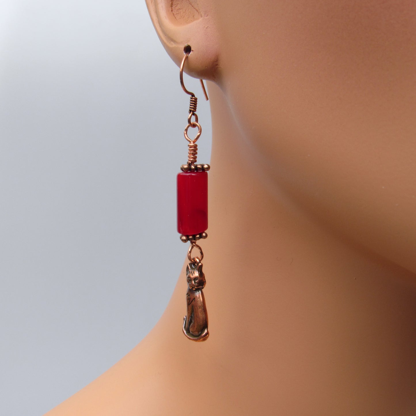 Red Agate gemstone and Copper Kitty Cat Drop Earrings