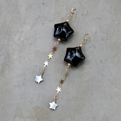 Black Agate Star, 14 kt Gold Fill, and Mother of Pearl Drop Earrings