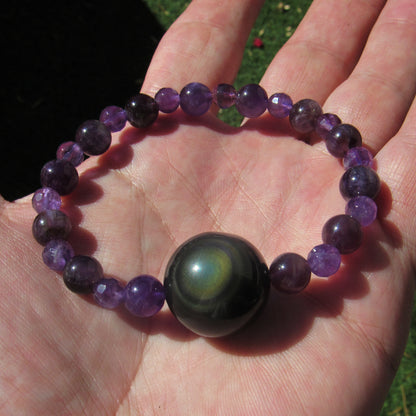 Rainbow Obsidian gemstone & purple Amethyst Smooth & Faceted Stretch Bracelet