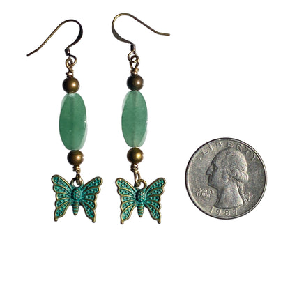 Brass and Green Aventurine gemstone with Butterflies Dangle Earrings