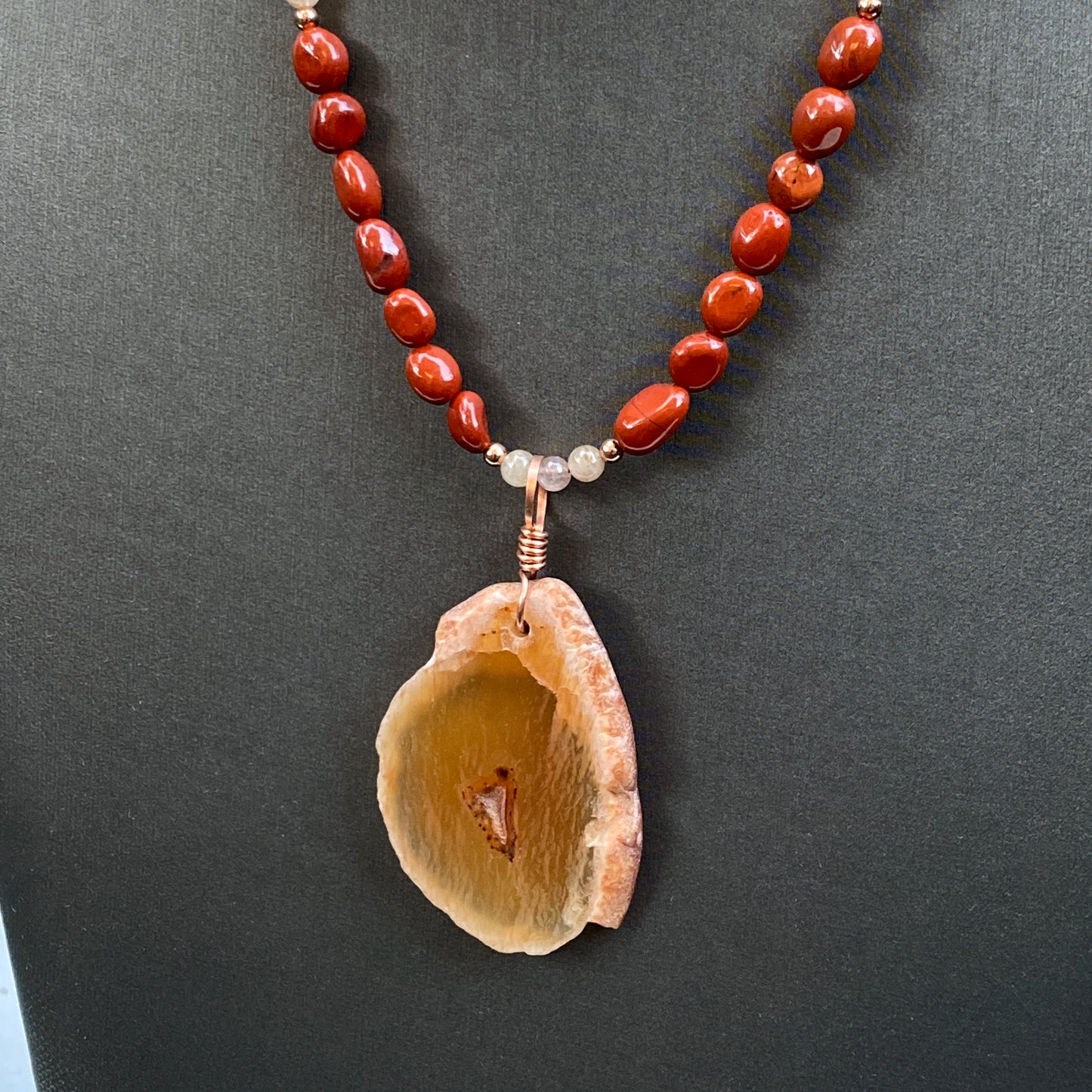 Red Agate Pendant hand Wrapped with Copper on Red Jasper, Rutilated Gold, Copper Necklace