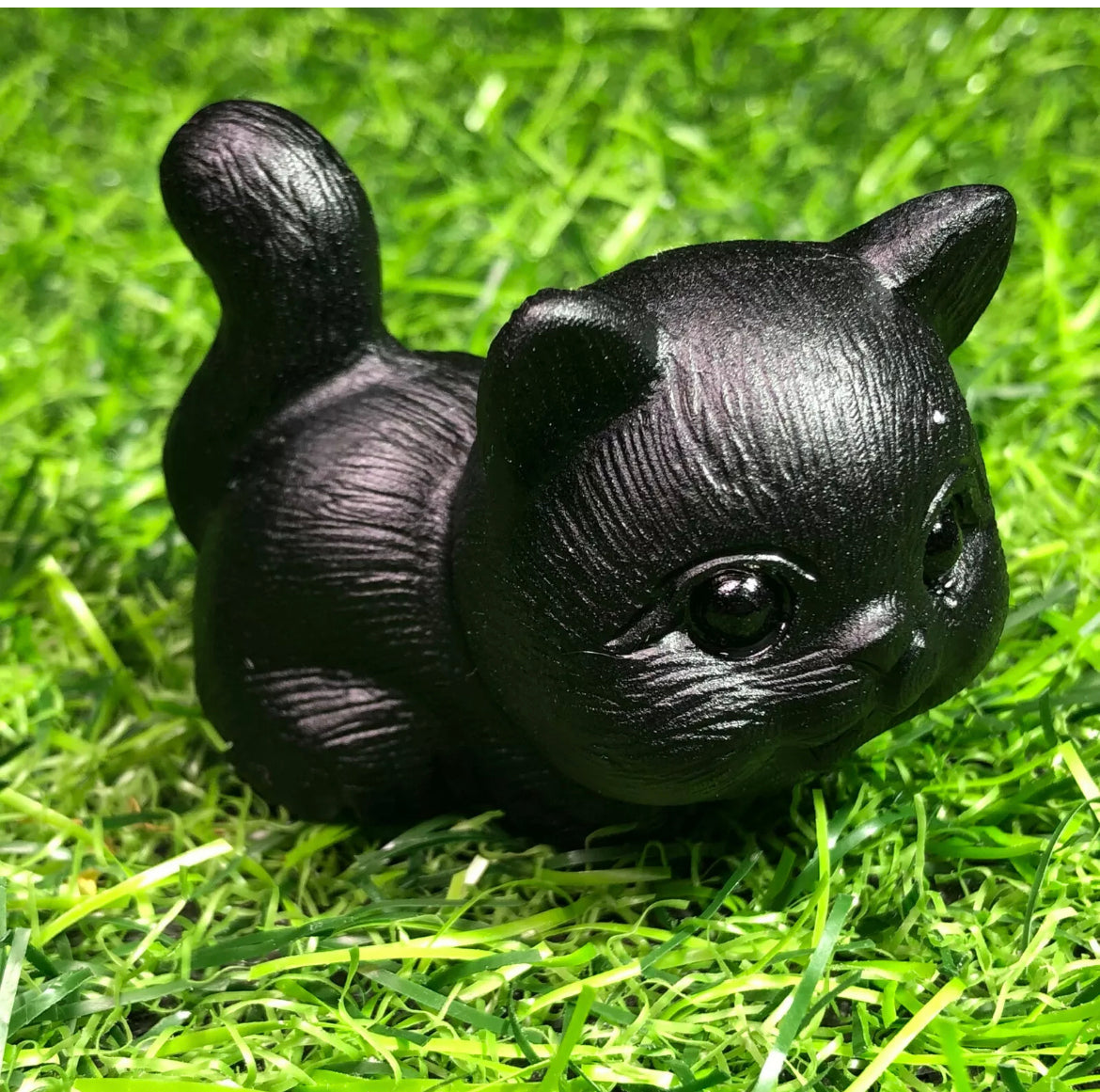 Natural Black Obsidian gemstone carved Kitty Cat Figurine