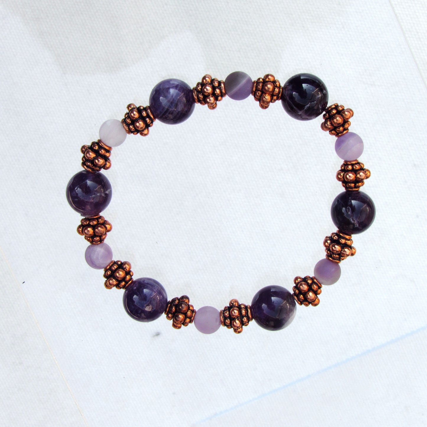 Amethyst gemstone and Copper Beaded Stretch Bracelet