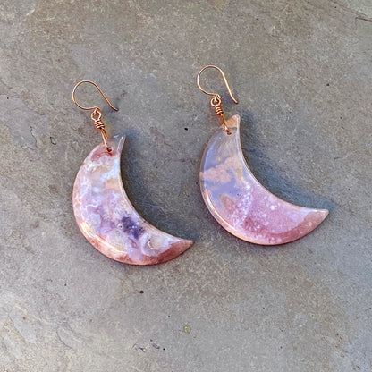 Large Natural Sakura Agate Moons with 14 Kt Rose Gf Drop Earrings