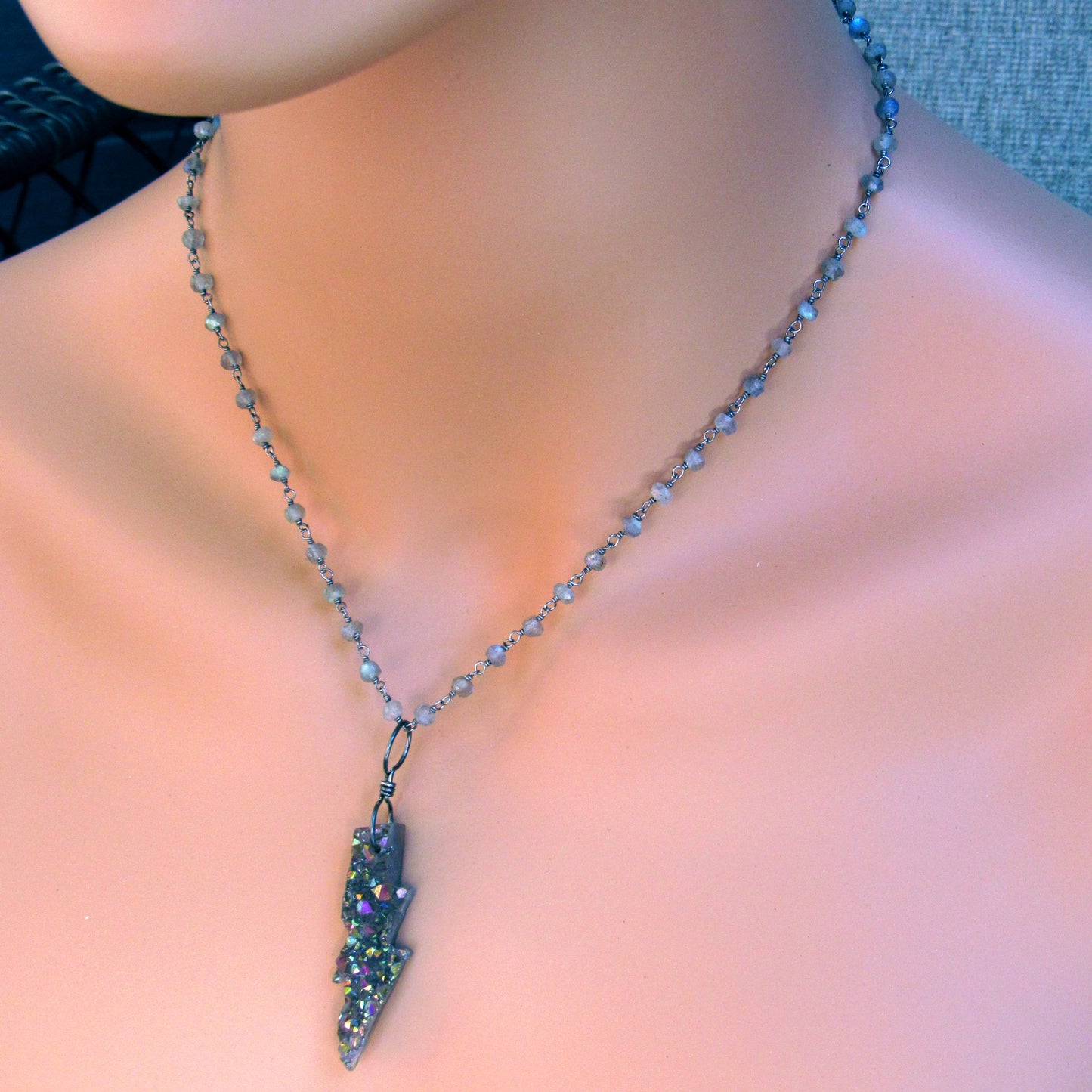 Druzy Agate Gemstone Lighting Bolt, Labradorite Gemstone Wrapped Sterling Silver Chain