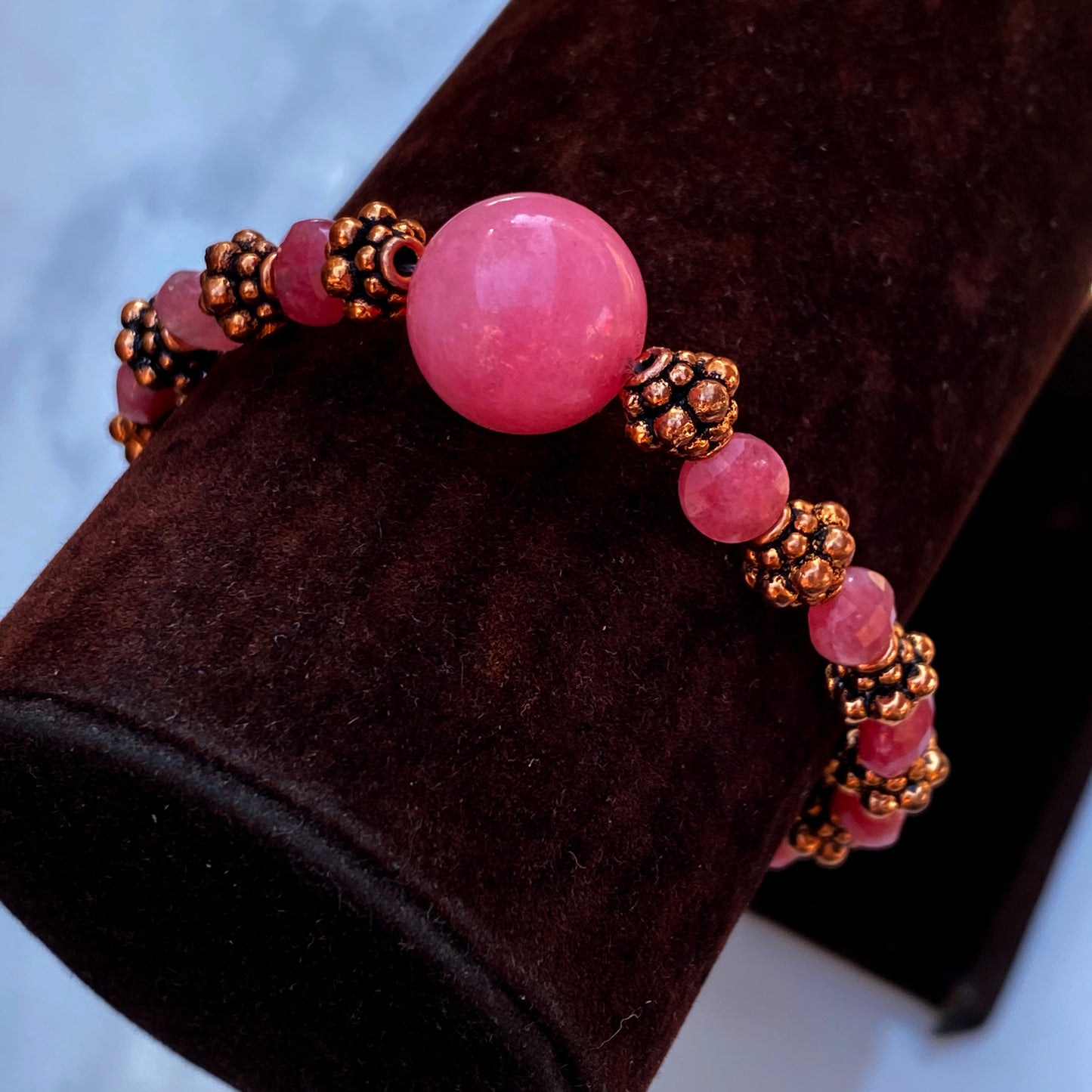 Rhodochrosite gemstone and copper stretch bracelet