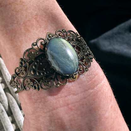 Labradorite Gemstone and Brass Cuff Bracelet